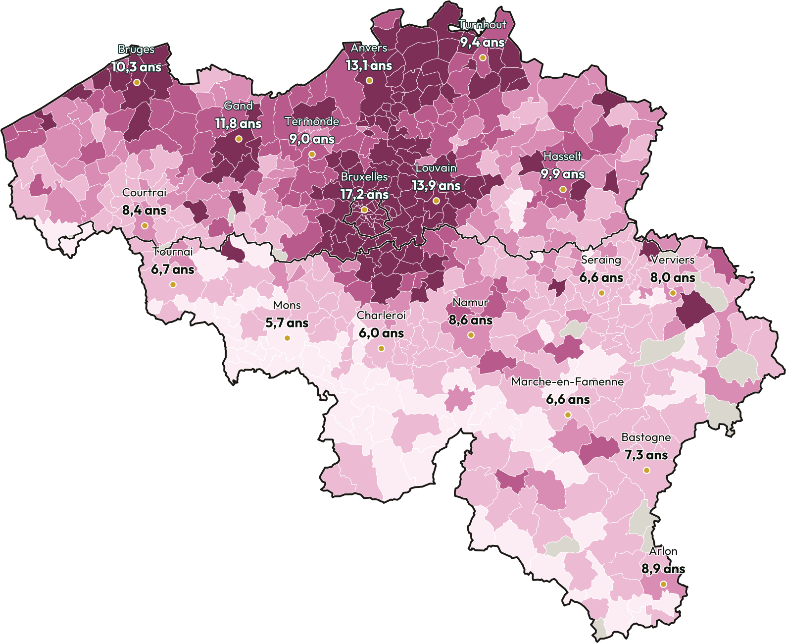 Carte de la Belgique : prix d'une maison en années de revenu médian, par commune.