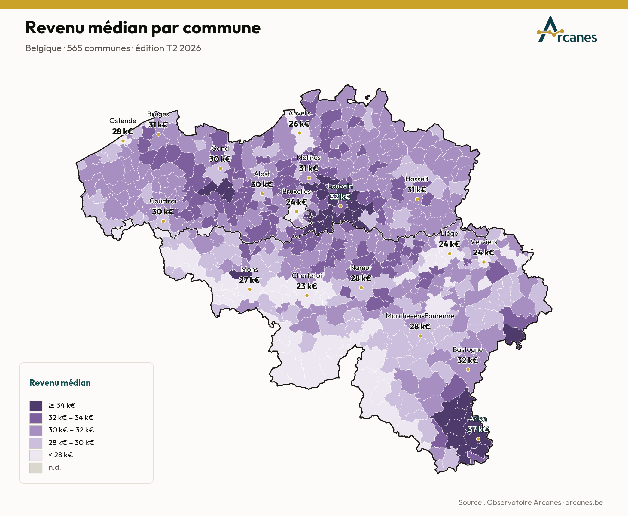 Carte de la Belgique : revenu médian déclaré par commune.