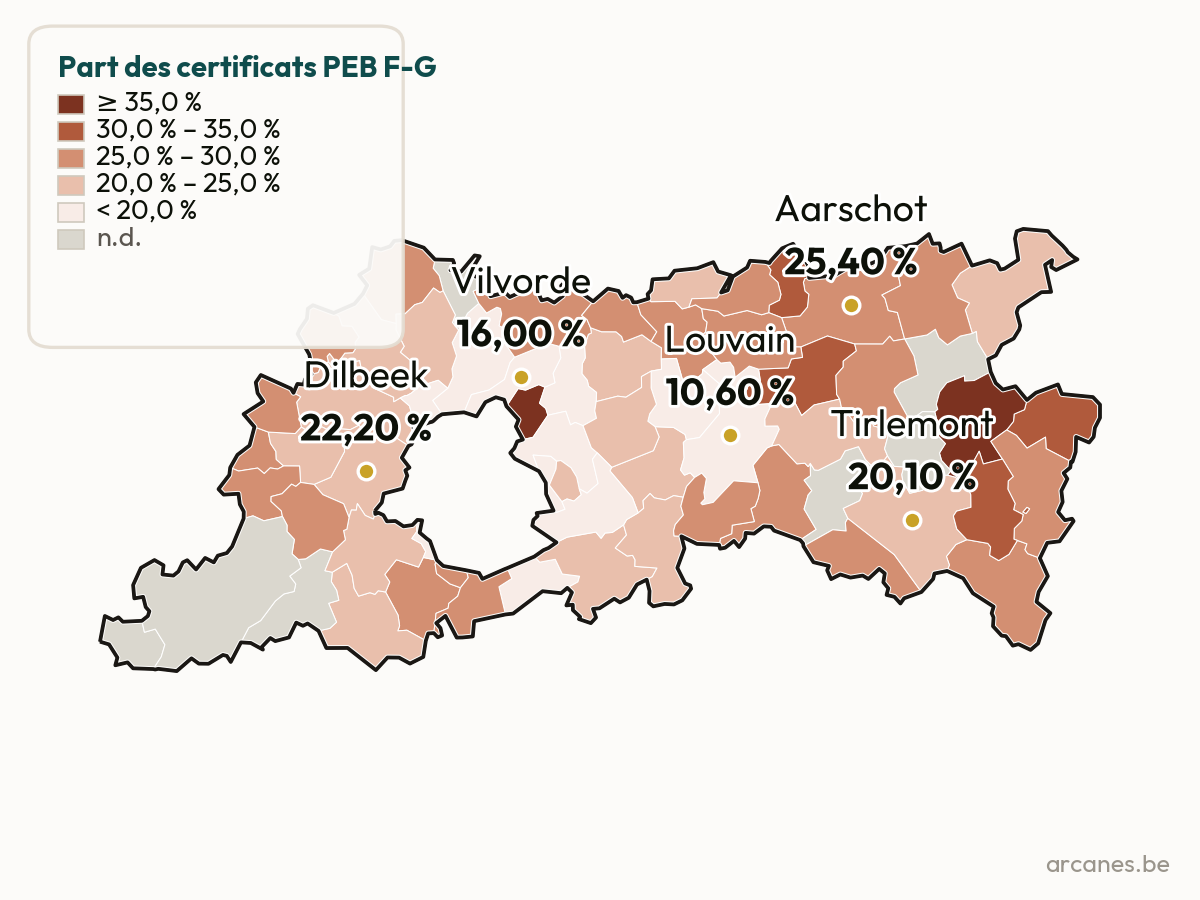 Certificats PEB F-G par commune (estimation, Observatoire Arcanes)