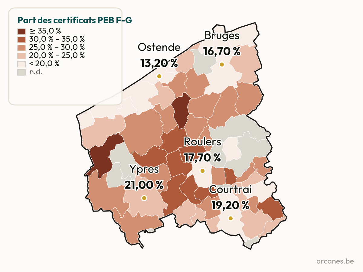 Certificats PEB F-G par commune (estimation, Observatoire Arcanes)