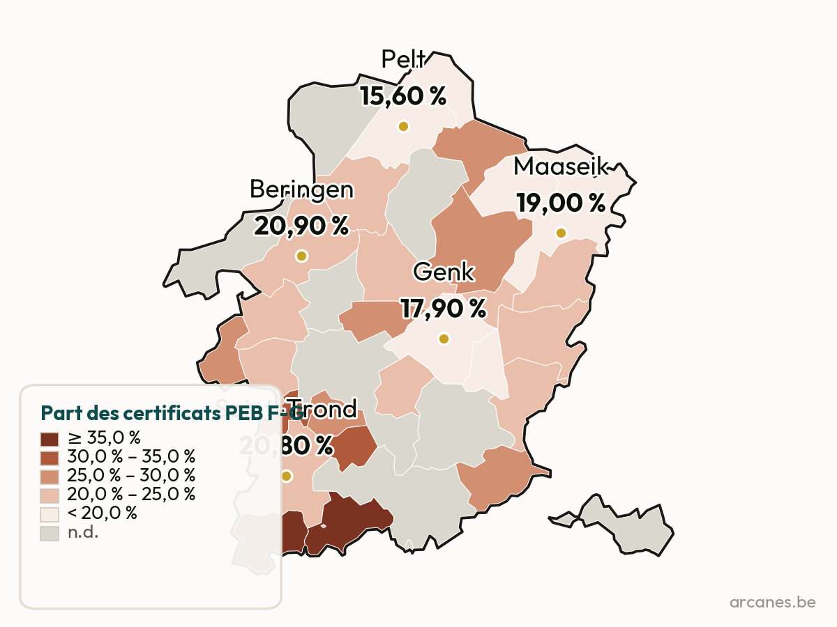 Certificats PEB F-G par commune (estimation, Observatoire Arcanes)